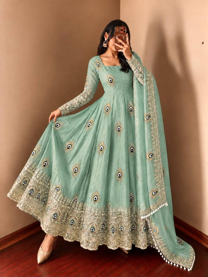 Mint Trending Designer Fendy Silk Gown With Heavy Sequence Embroidery Dupatta