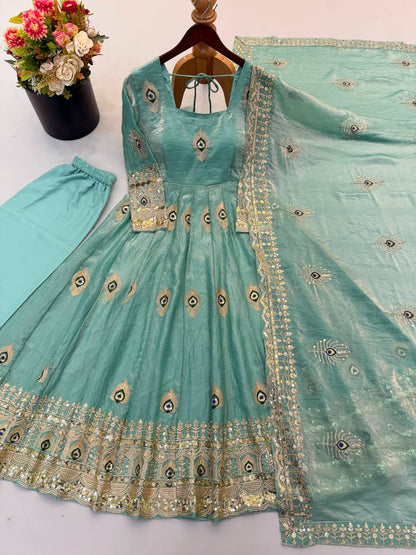 Mint Trending Designer Fendy Silk Gown With Heavy Sequence Embroidery Dupatta