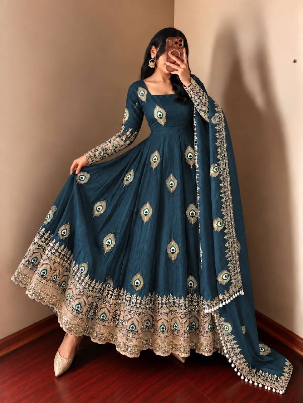 Deep Teal  Trending Designer Fendy Silk Gown With Heavy Sequence Embroidery Dupatta