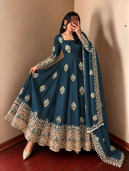 Deep Teal  Trending Designer Fendy Silk Gown With Heavy Sequence Embroidery Dupatta