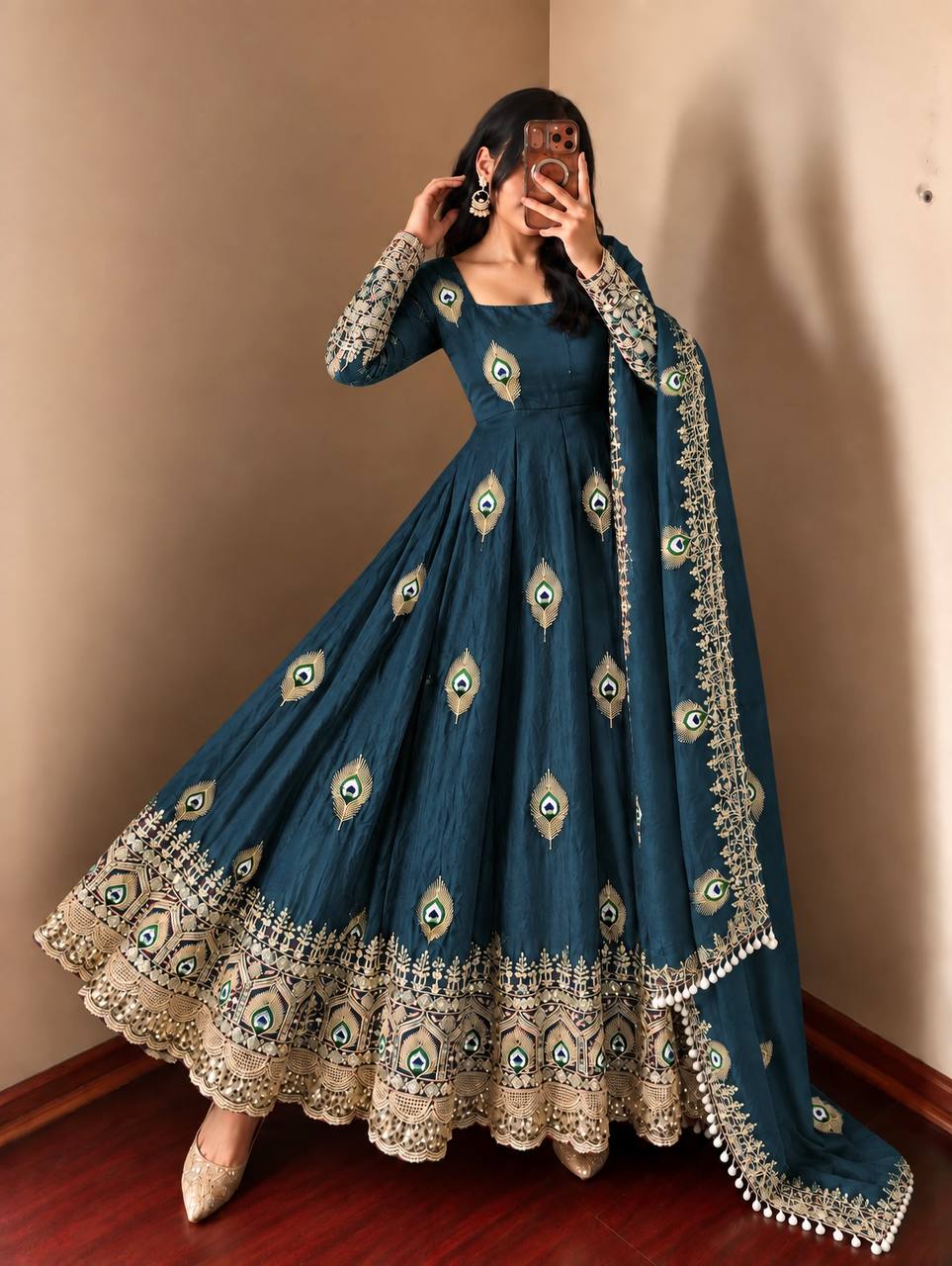 Deep Teal  Trending Designer Fendy Silk Gown With Heavy Sequence Embroidery Dupatta