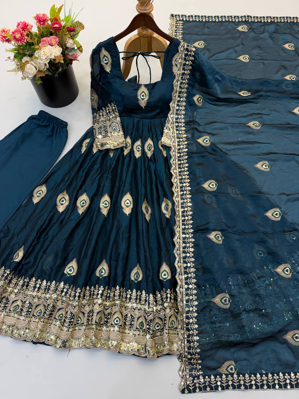 Deep Teal  Trending Designer Fendy Silk Gown With Heavy Sequence Embroidery Dupatta