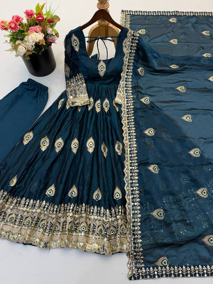 Deep Teal  Trending Designer Fendy Silk Gown With Heavy Sequence Embroidery Dupatta