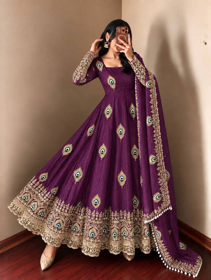 Wine Purple Trending Designer Fendy Silk Gown With Heavy Sequence Embroidery Dupatta