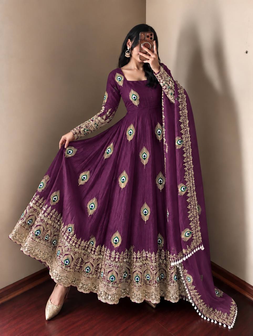 Wine Purple Trending Designer Fendy Silk Gown With Heavy Sequence Embroidery Dupatta