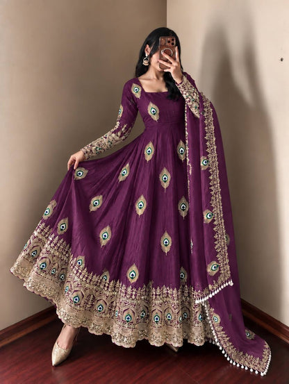 Wine Purple Trending Designer Fendy Silk Gown With Heavy Sequence Embroidery Dupatta