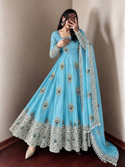 Sky blue Trending Designer Fendy Silk Gown With Heavy Sequence Embroidery Dupatta