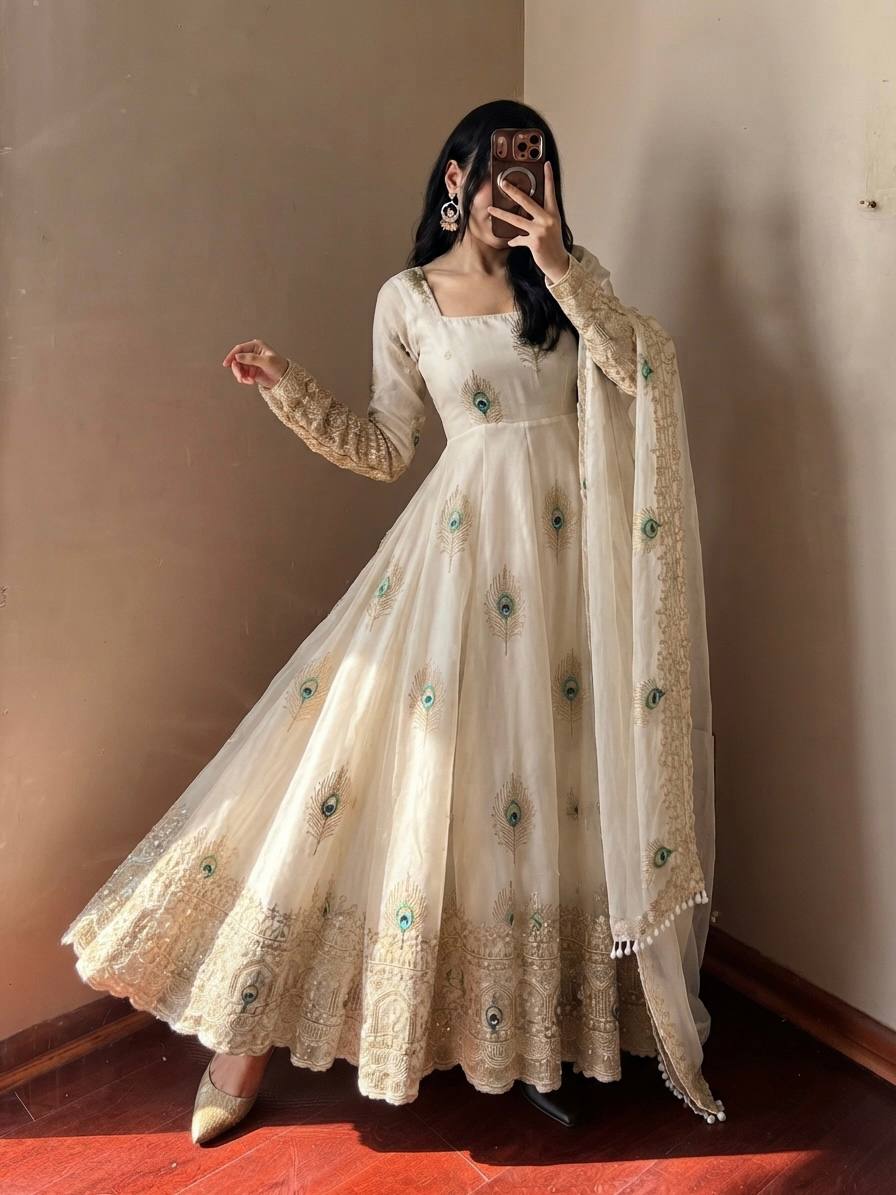 off-white Trending Designer Fendy Silk Gown With Heavy Sequence Embroidery Dupatta