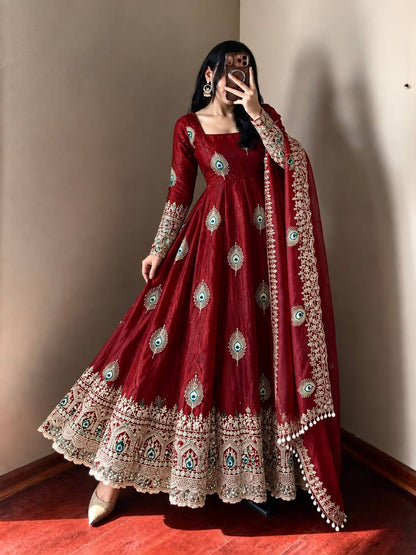 Burgundy red Trending Designer Fendy Silk Gown With Heavy Sequence Embroidery Dupatta