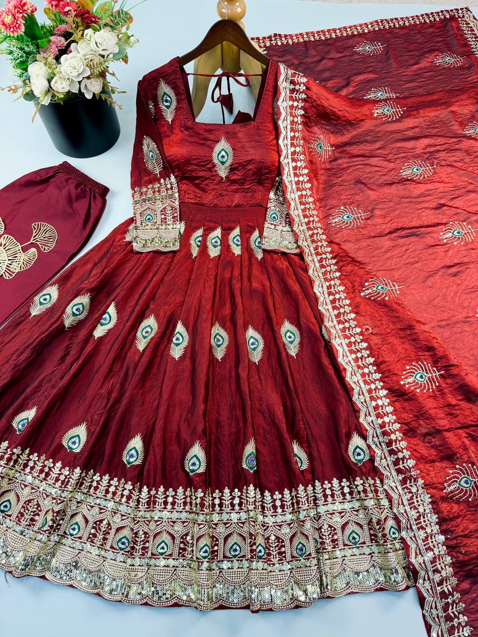 Burgundy red Trending Designer Fendy Silk Gown With Heavy Sequence Embroidery Dupatta