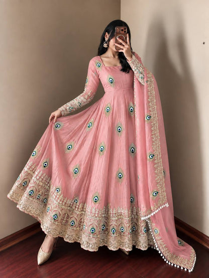Dusty Rose Trending Designer Fendy Silk Gown With Heavy Sequence Embroidery Dupatta