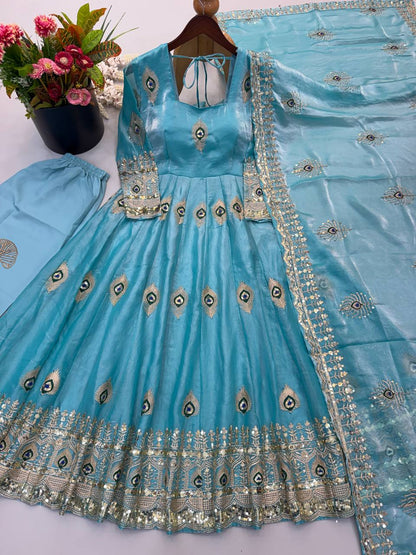Sky blue Trending Designer Fendy Silk Gown With Heavy Sequence Embroidery Dupatta