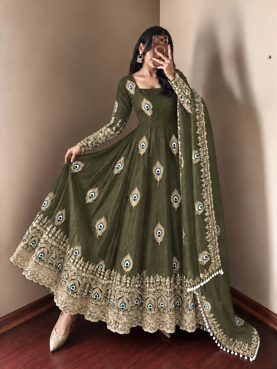Olive Green Trending Designer Fendy Silk Gown With Heavy Sequence Embroidery Dupatta