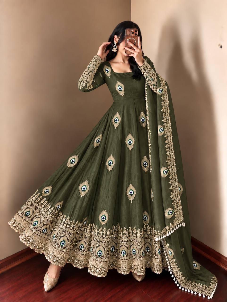 Olive Green Trending Designer Fendy Silk Gown With Heavy Sequence Embroidery Dupatta