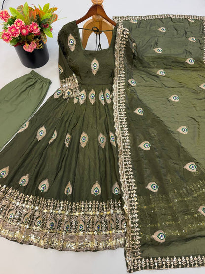 Olive Green Trending Designer Fendy Silk Gown With Heavy Sequence Embroidery Dupatta