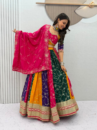 Vintage Milki Silk Embroidered Navratri Lehenga Choli