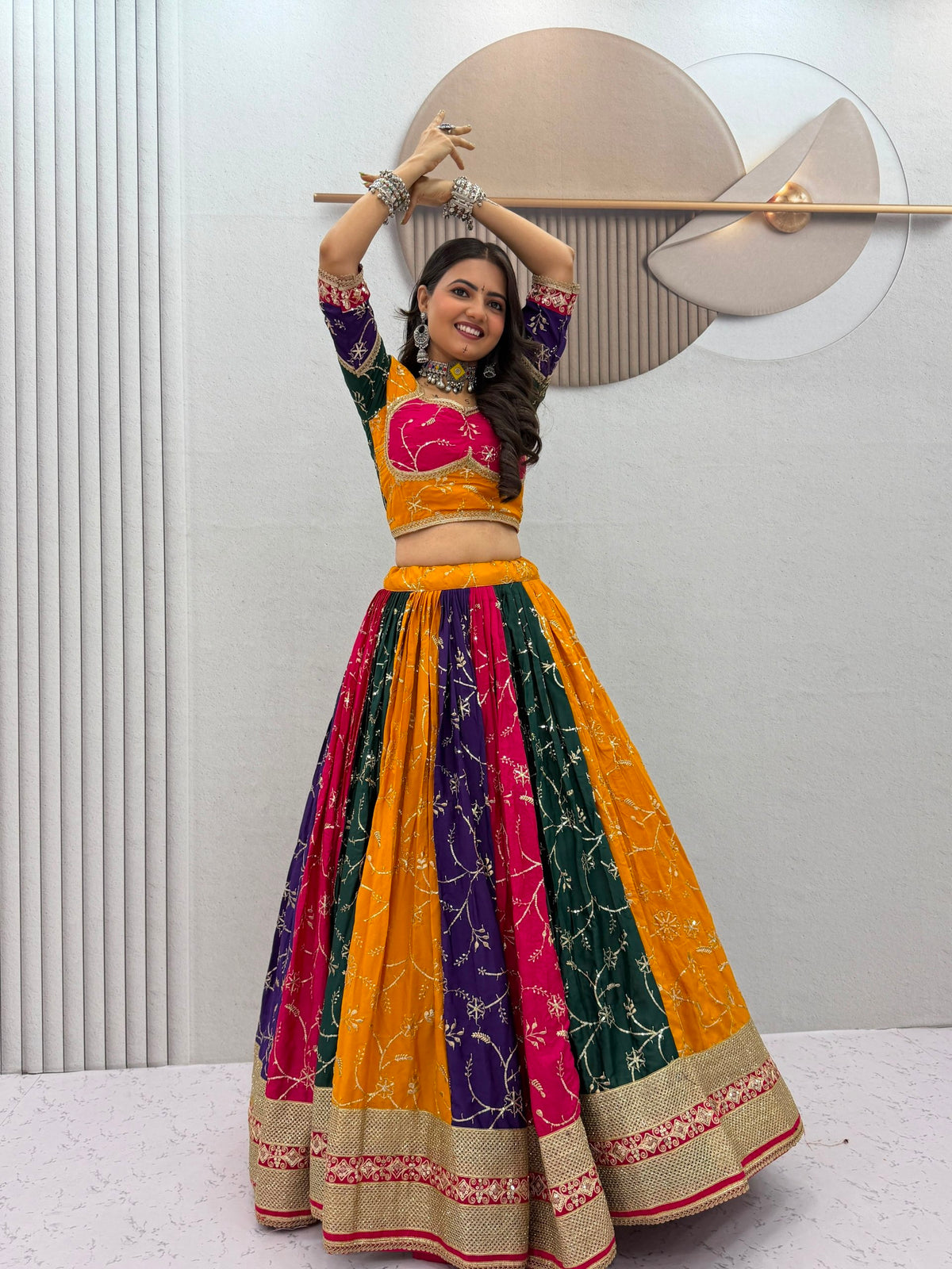 Vintage Milki Silk Embroidered Navratri Lehenga Choli