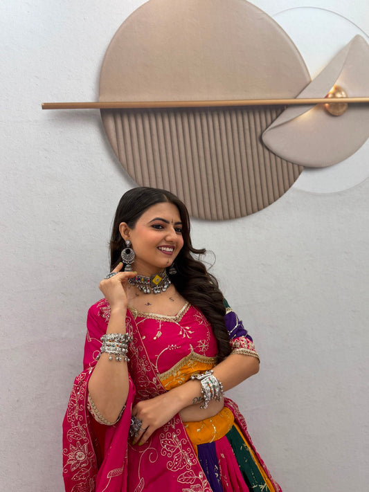 Vintage Milki Silk Embroidered Navratri Lehenga Choli