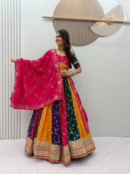 Vintage Milki Silk Embroidered Navratri Lehenga Choli