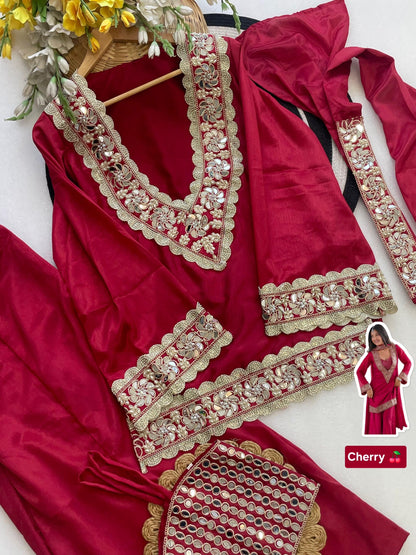Cherry Premium Chinon Mirror Diamond Moti Work 4-Piece Sharara Set
