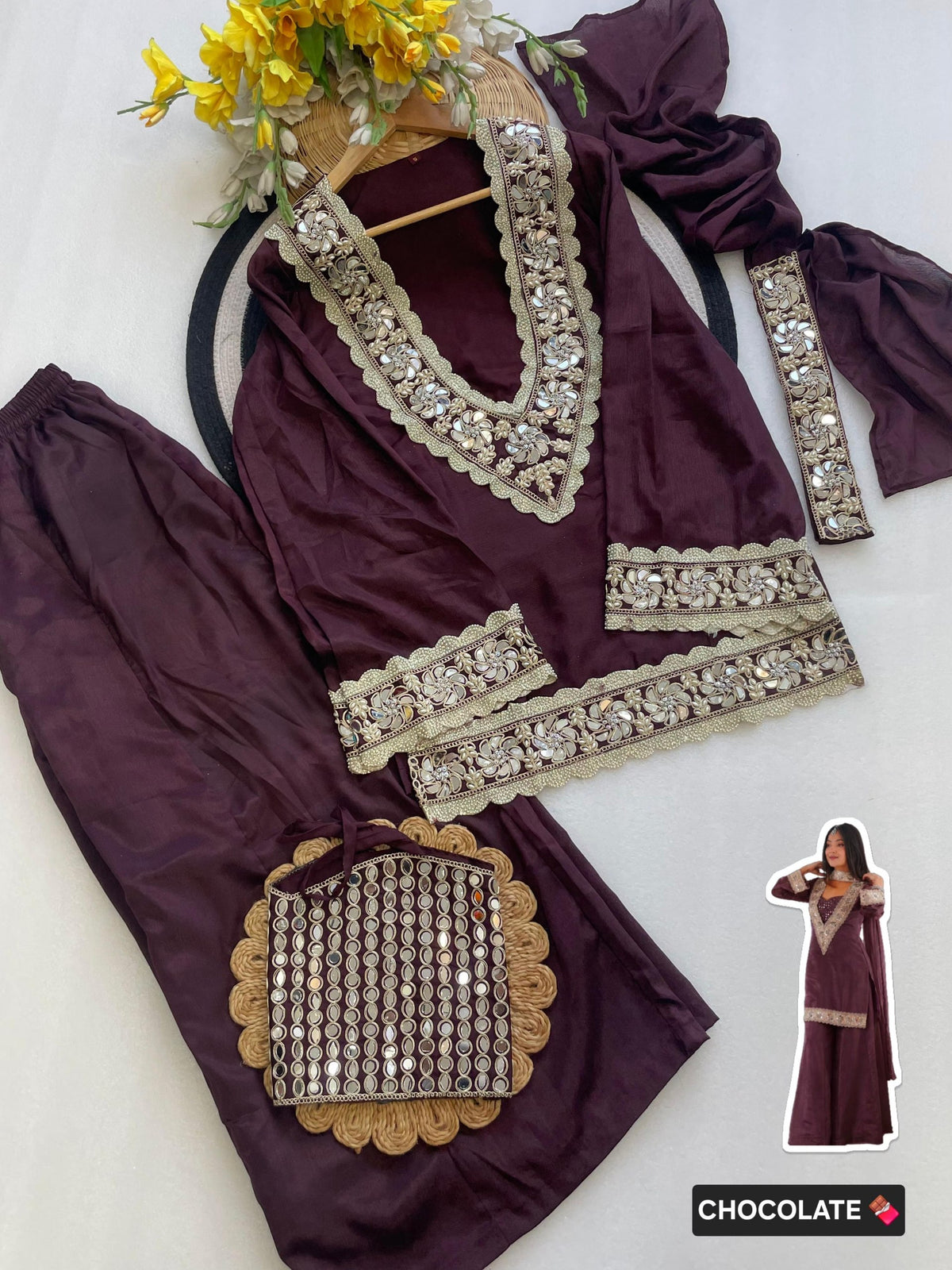 Chocolate Premium Chinon Mirror Diamond Moti Work 4-Piece Sharara Set