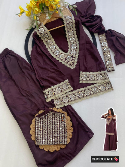 Chocolate Premium Chinon Mirror Diamond Moti Work 4-Piece Sharara Set