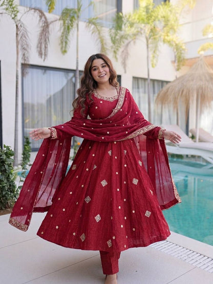 Crunchy Silk Embroidered Sequence Work Flared Gown Set