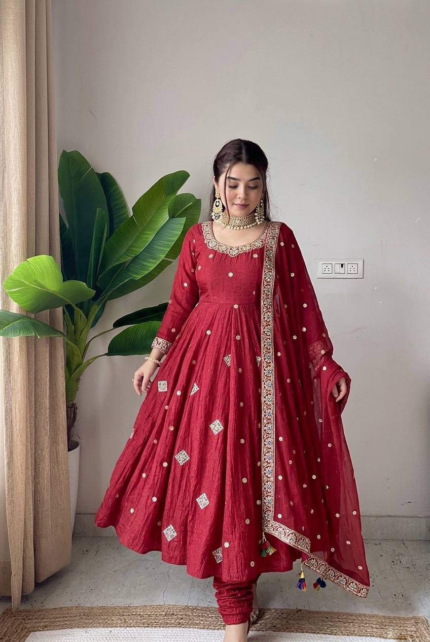 Crunchy Silk Embroidered Sequence Work Flared Gown Set