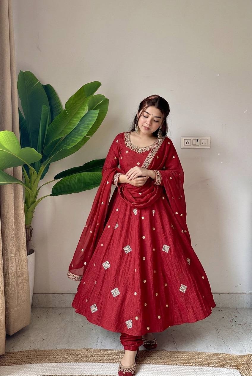 Crunchy Silk Embroidered Sequence Work Flared Gown Set