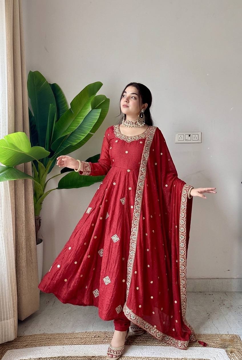 Crunchy Silk Embroidered Sequence Work Flared Gown Set