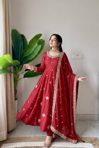 Crunchy Silk Embroidered Sequence Work Flared Gown Set