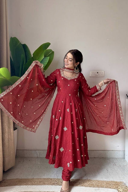 Crunchy Silk Embroidered Sequence Work Flared Gown Set