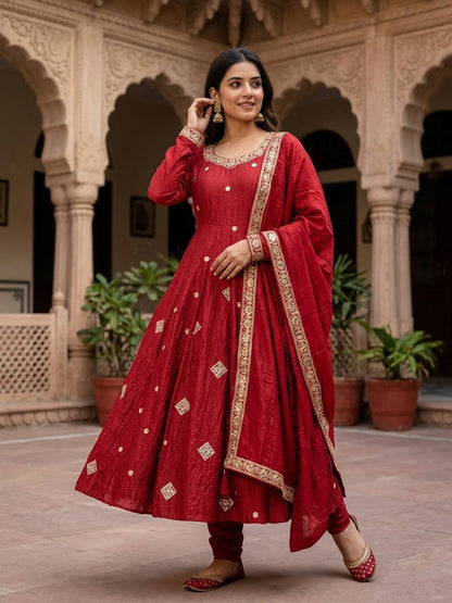 Crunchy Silk Embroidered Sequence Work Flared Gown Set