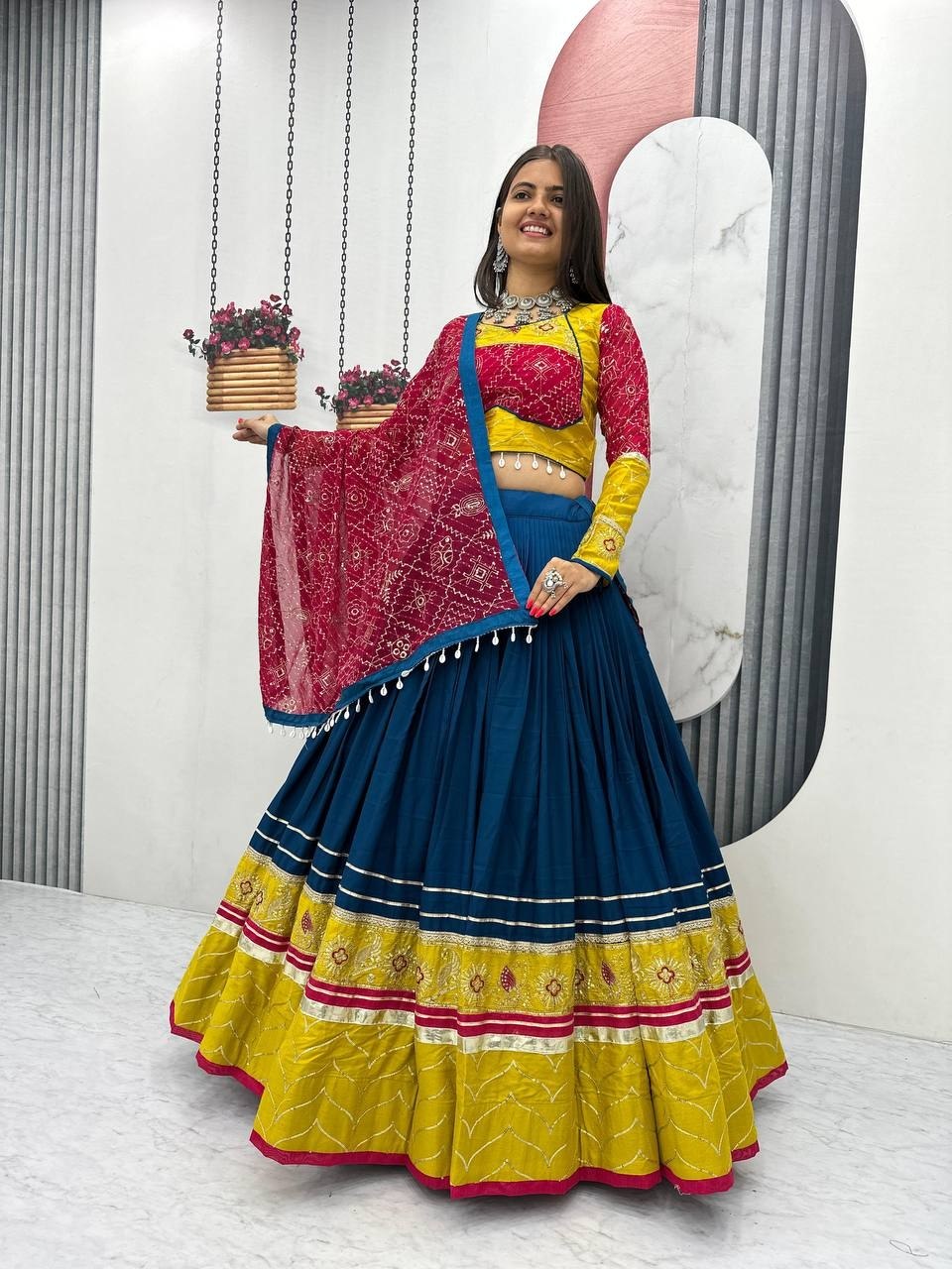 Riyon Cotton Embroidered 6 Meter Navratri Lehenga Choli