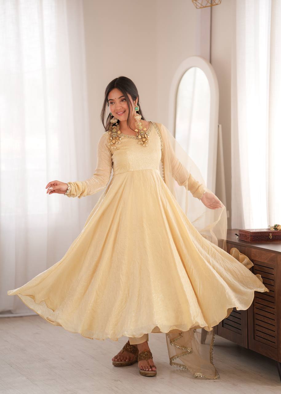 White Doremon Crush Mirror Work Fully Flared Gown Set