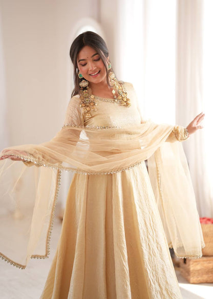 White Doremon Crush Mirror Work Fully Flared Gown Set