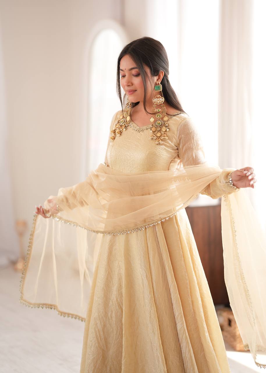 White Doremon Crush Mirror Work Fully Flared Gown Set
