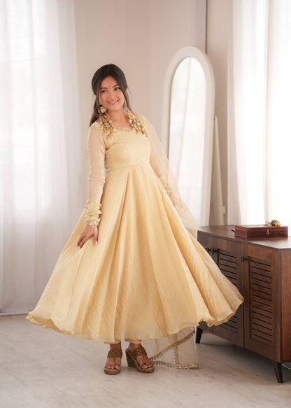 White Doremon Crush Mirror Work Fully Flared Gown Set