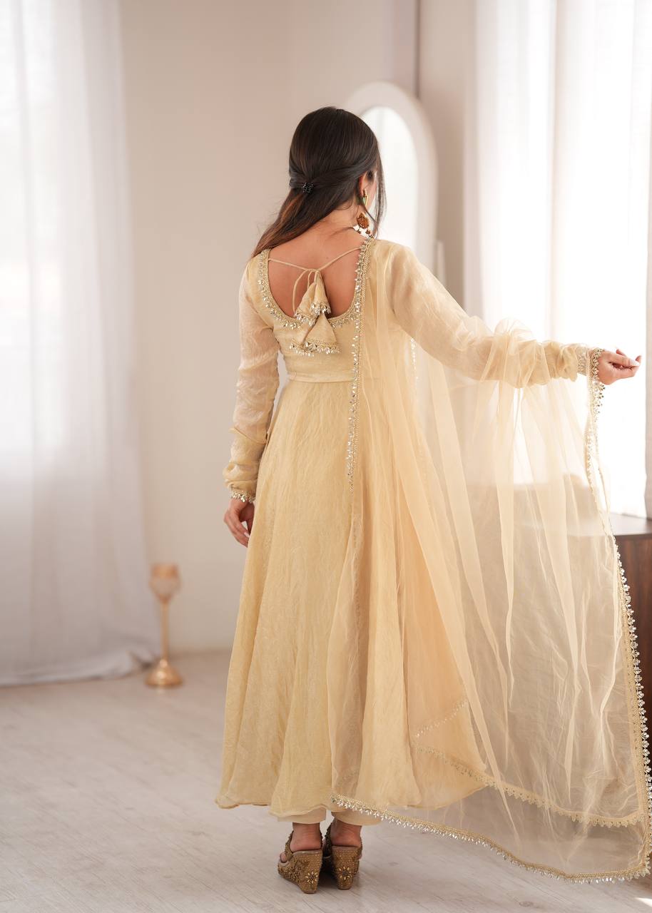 White Doremon Crush Mirror Work Fully Flared Gown Set