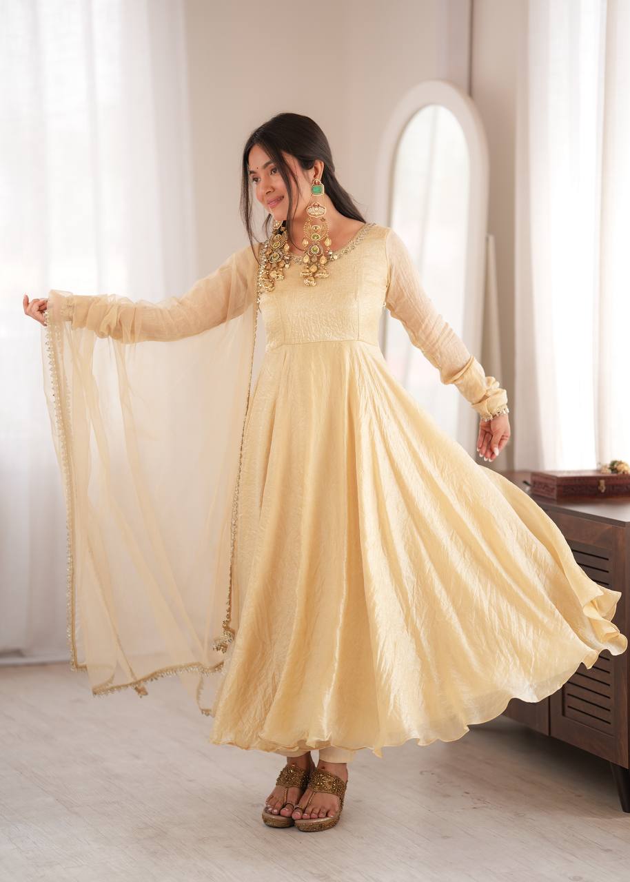 White Doremon Crush Mirror Work Fully Flared Gown Set