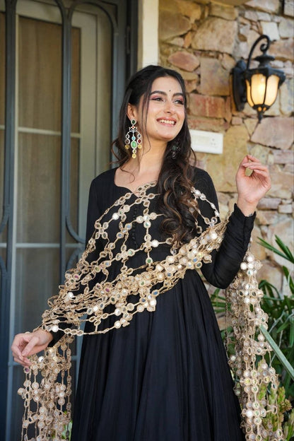 Royal Black Real Mirror Work Anarkali Palazzo Dupatta Set