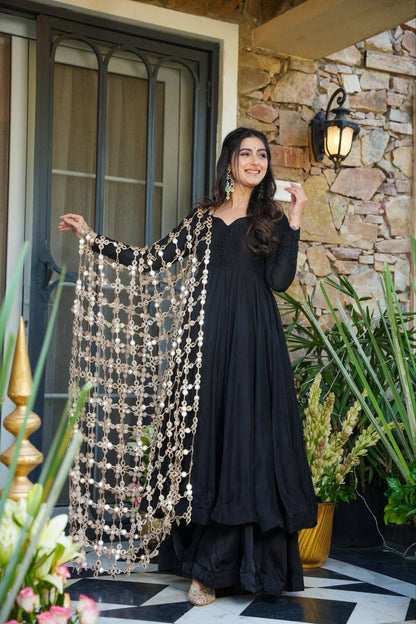 Royal Black Real Mirror Work Anarkali Palazzo Dupatta Set