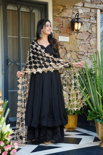Royal Black Real Mirror Work Anarkali Palazzo Dupatta Set
