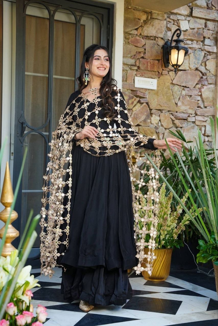 Royal Black Real Mirror Work Anarkali Palazzo Dupatta Set