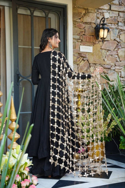 Royal Black Real Mirror Work Anarkali Palazzo Dupatta Set