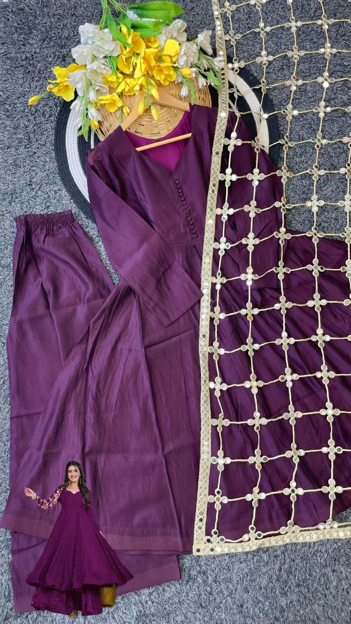 Fire wine Soft Roman Silk Real Mirror Work Anarkali Palazzo Set