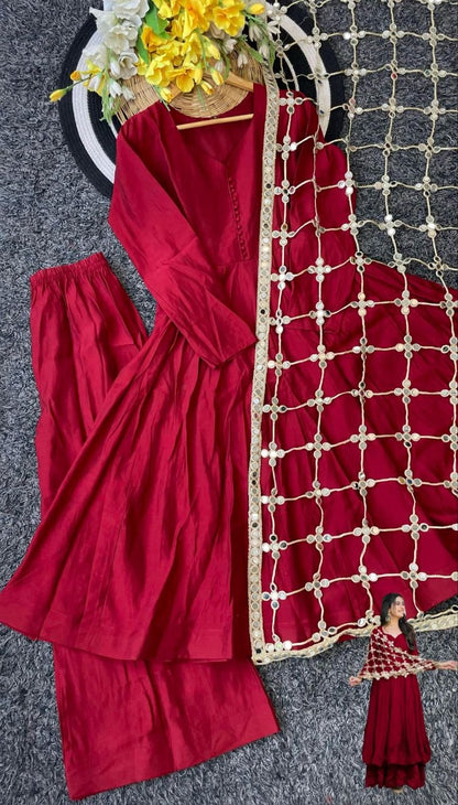 Maroon Soft Roman Silk Real Mirror Work Anarkali Palazzo Set