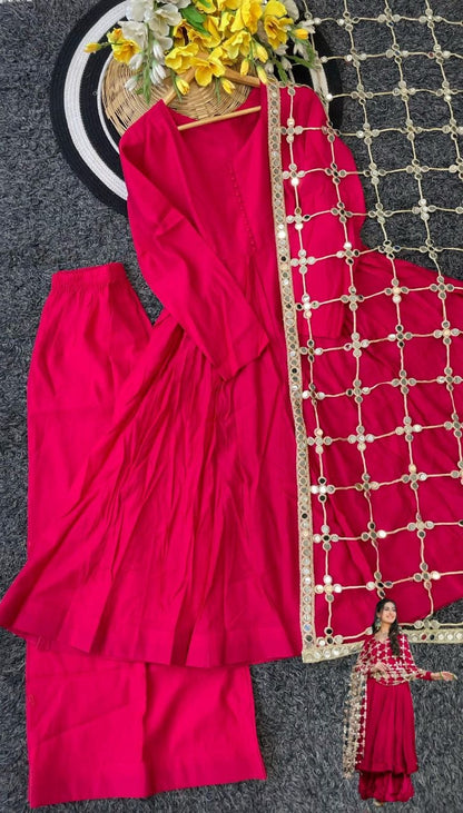 Pink Soft Roman Silk Real Mirror Work Anarkali Palazzo Set