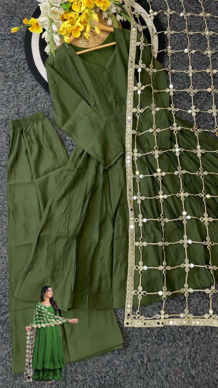 Mehandi Soft Roman Silk Real Mirror Work Anarkali Palazzo Set