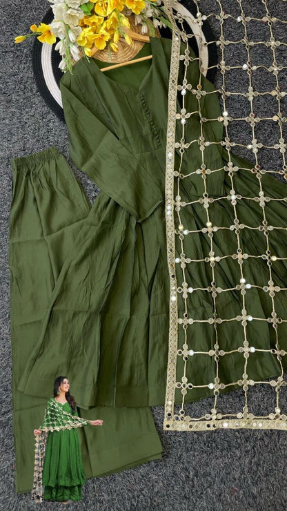 Mehandi Soft Roman Silk Real Mirror Work Anarkali Palazzo Set